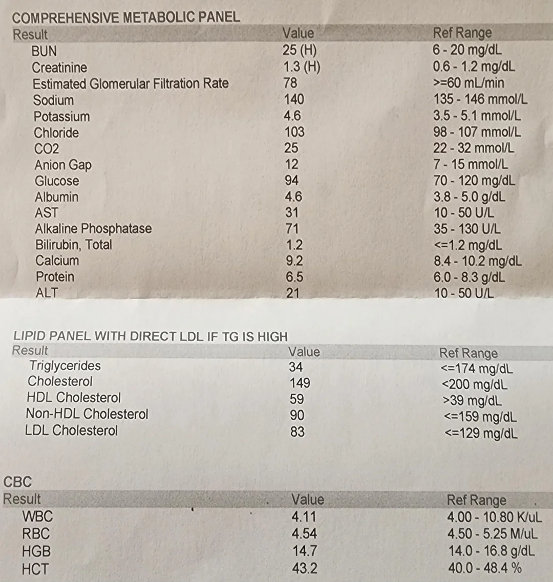 Patient bloodwork — comprehensive metabolic panel, lipid panel, all came back normal