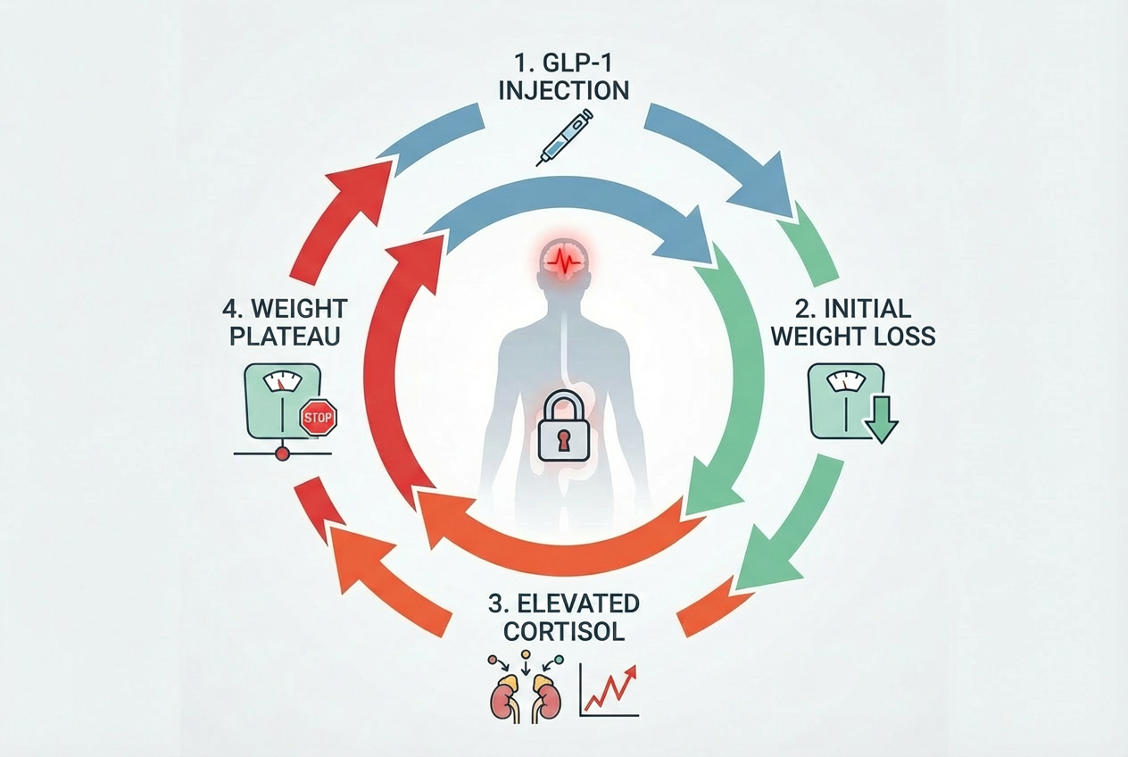 Diagram of the GLP-1 cortisol cycle — injection, weight loss, elevated cortisol, plateau