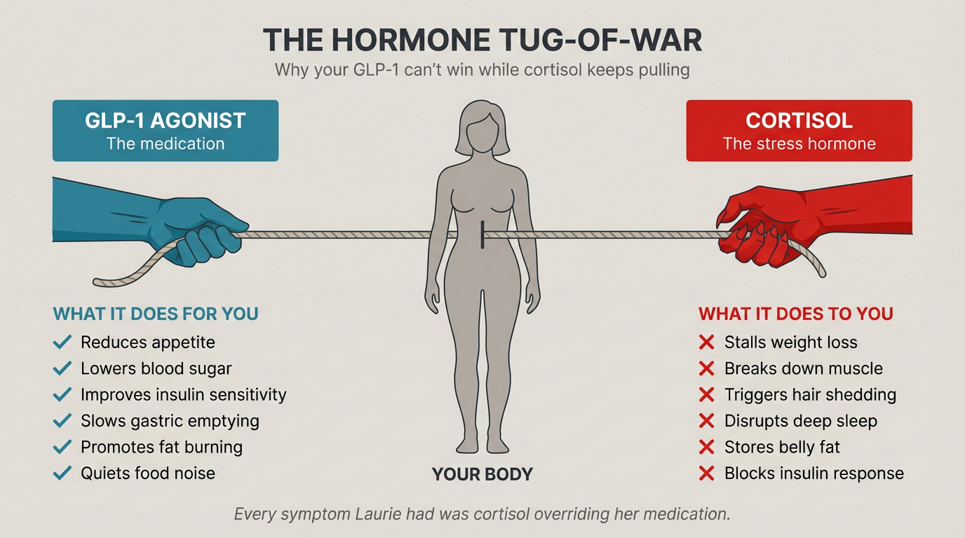 Diagram of the GLP-1 vs. cortisol tug of war in the body
